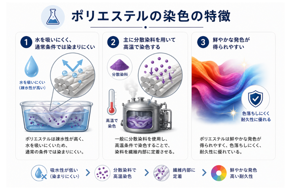 ポリエステルの疎水性・分散染料・高耐久性を説明した図解